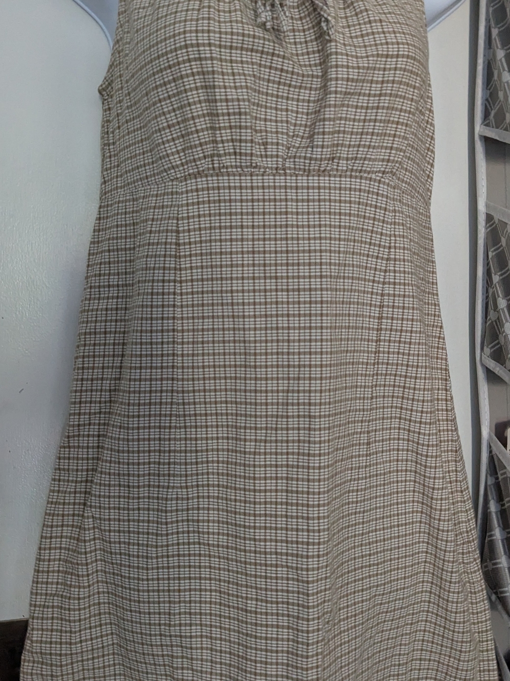Beige and White Plaid Tank Style Dress With Cute Bow Sz. S